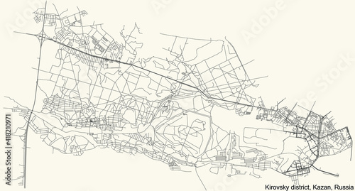 Black simple detailed street roads map on vintage beige background of the quarter Kirovsky district (raion) of Kazan, Russia