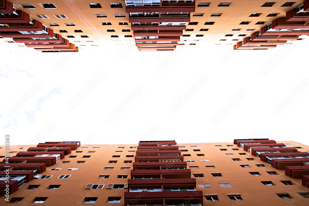 Tall riser multi storey apartment buildings in the city, looking up ...