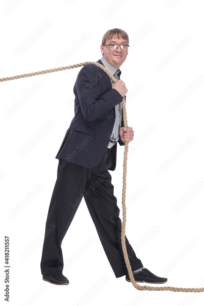 confident business man is pulling someone on a rope. confident business man is pulling someone on a rope.