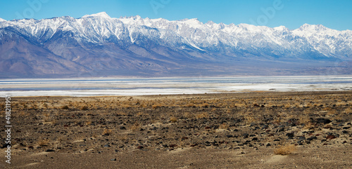 USA, California. Sierra Nevada Range and Owens Lake (a large salt flat).