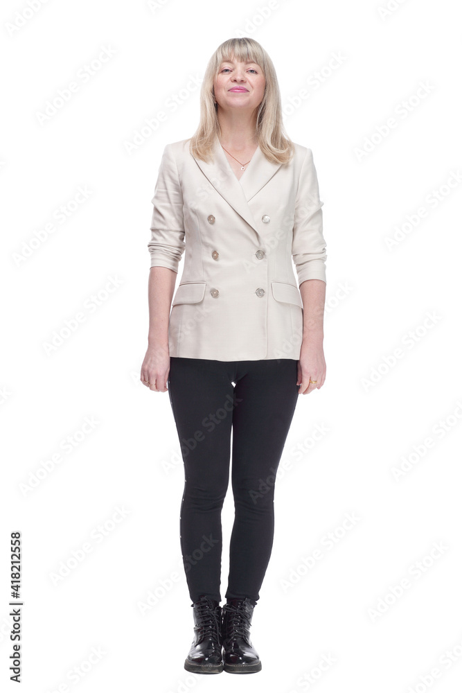 casual woman in a white jacket and black leggings. casual woman in a white jacket and black leggings.