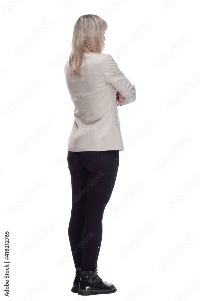 contented woman in a white jacket looking at you. contented woman in a white jacket looking at you.