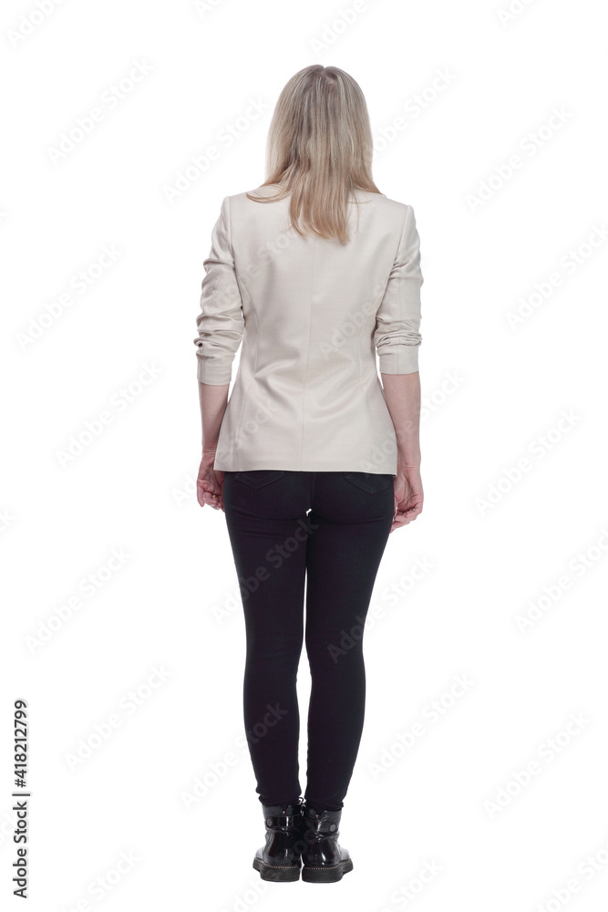 casual woman in a white jacket looking at a white screen. casual woman in a white jacket looking at a white screen.