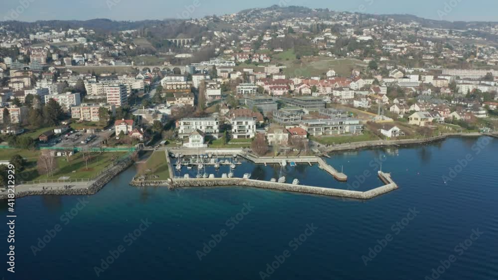 Aerial of beautiful small harbor in Pully, Switzerland Aerial of beautiful small harbor in Pully, Switzerland