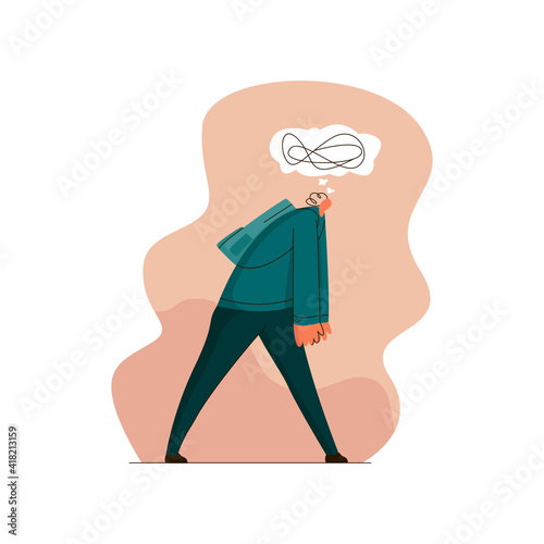 Vector flat illustration with character, employee, student, tired walking down the street. Concept burnout syndrome, planning, fatigue, abnormal day. It can be used in web design, banners.