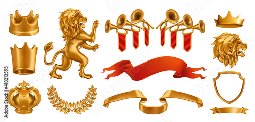 Gold crown of the king. Laurel wreath, fanfare, lion ribbon. 3d vector realistic set