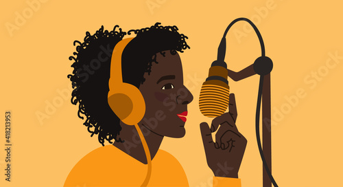 Black man, young guy or woman with a microphone in headphones. Vector flat illustration of podcaster.