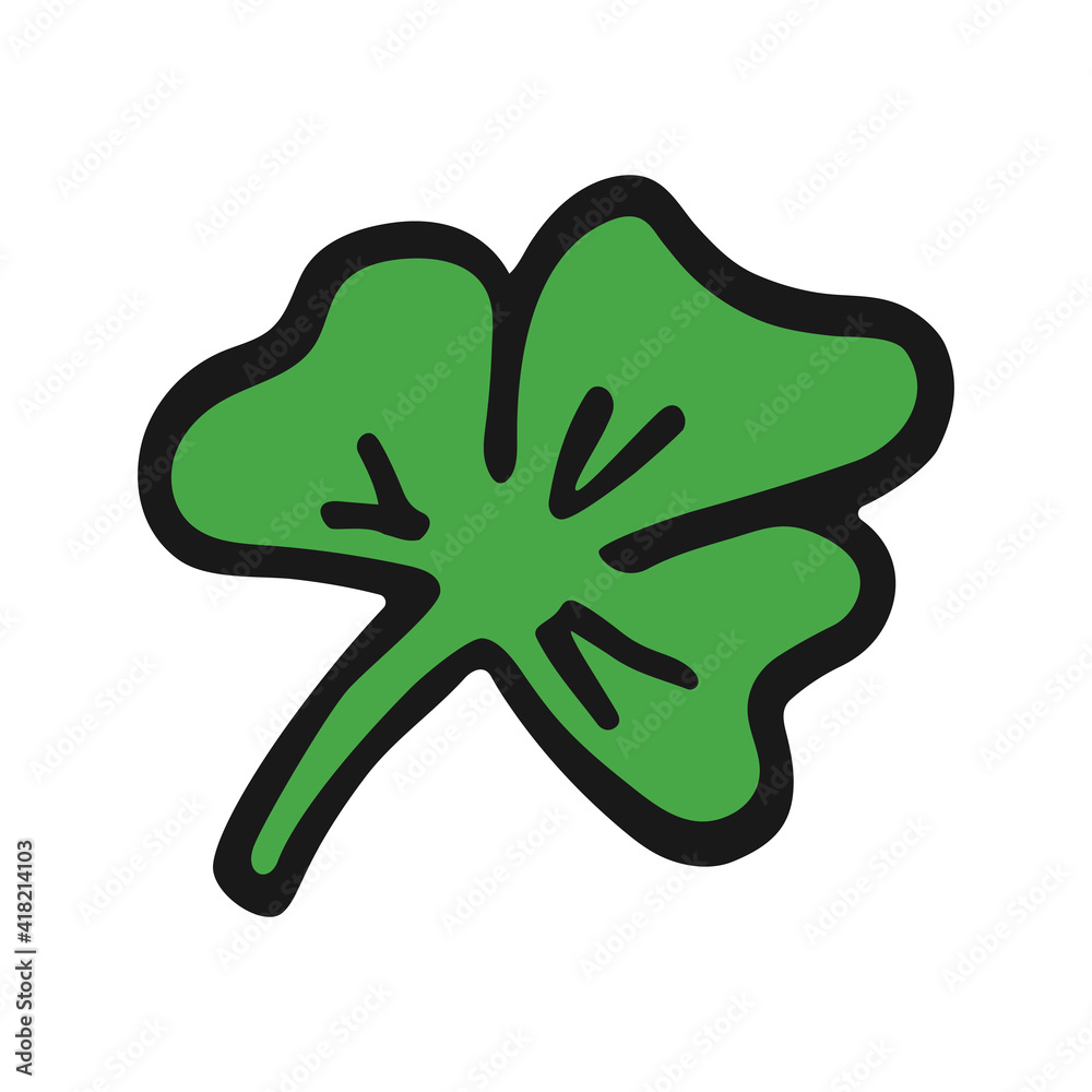 Obraz premium Vector clover icon in hand drawn style. Colorful leaf symbol with black outline. Isolated illustration on white background. Cartoon pictogram for game. Doodle clover leaf picture.