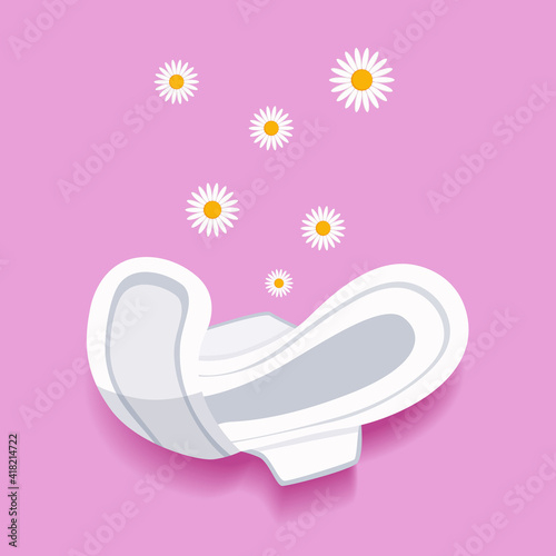 Female sanitary napkin and fresh daisy flower isolated on purple femininity background. Flat style vector illustration with copy space for design or text