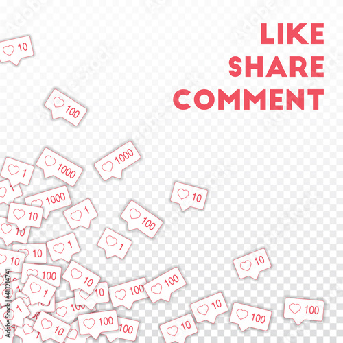 Social media icons. Social media marketing concept. Falling pink like counter. Scattered bottom left