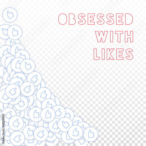 Social media icons. Obsessed with likes concept. Falling scattered thumbs up. Bottom left corner ele