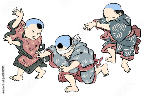 浮世絵-寺子屋で勉強をせずに目隠し鬼ごっこをする子供達