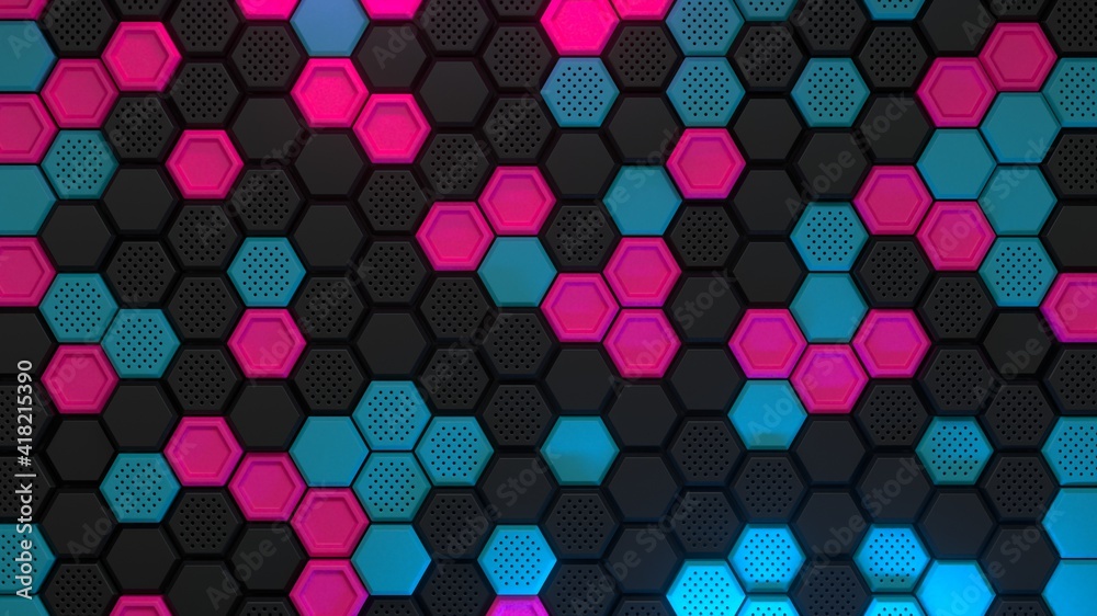 Abstract pink black blue hexagonal background. Embossed Hexagon, honeycomb colorful multicolored Background, light and shadow. Modern background. 3d render