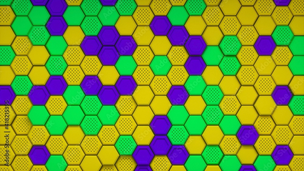 Abstract yellow purple green hexagonal background. Embossed Hexagon, honeycomb colorful multicolored Background, light and shadow. Modern background. 3d render Abstract yellow purple green hexagonal background. Embossed Hexagon, honeycomb colorful multicolored Background, light and shadow. Modern background. 3d render