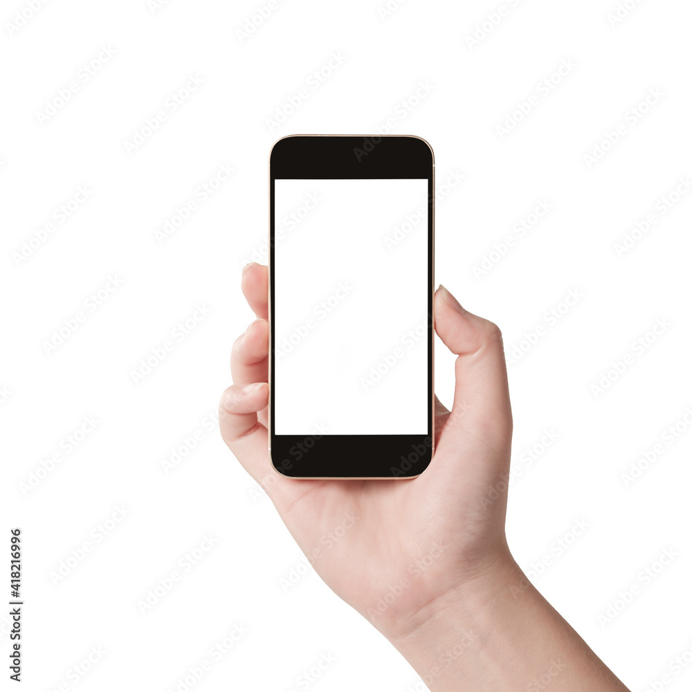 Woman hand holding smart phone with blank screen isolated on white background. Woman hand holding smart phone with blank screen isolated on white background.
