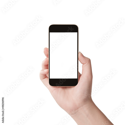  Woman hand holding smart phone with blank screen isolated on white background.