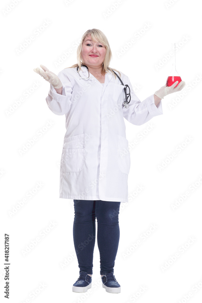 female doctor in a lab coat with a laboratory flask . female doctor in a lab coat with a laboratory flask .