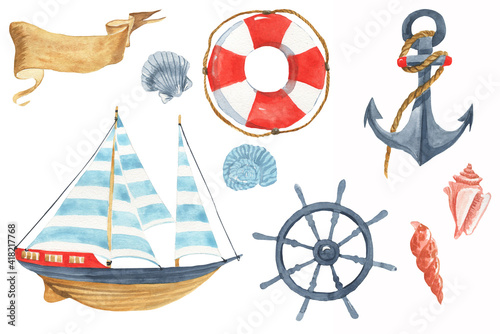 watercolor set on the marine theme  ship  steering wheel  lifebuoy