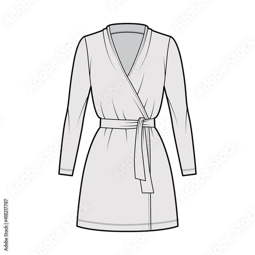 Wrap dress technical fashion illustration with deep V-neck, long sleeves, oversized, mini length, pencil cut, tie. Flat apparel template front, grey color style. Women, men unisex CAD mockup