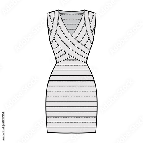 Bandage dress technical fashion illustration with V-neck, sleeveless, fitted body, elasticated, knee length, pencil cut. Flat apparel template front, grey color style. Women, men unisex CAD mockup