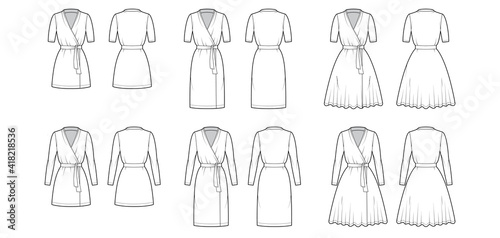 Set of Wrap dresses technical fashion illustration with deep V-neck, short long sleeves, oversized, knee mini length, tie. Flat apparel template front, back, white color style. Women unisex CAD mockup