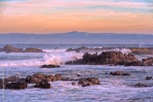 Bird flying over rocks with crashing waves in Pacific Grove, Monterey Bay, California.