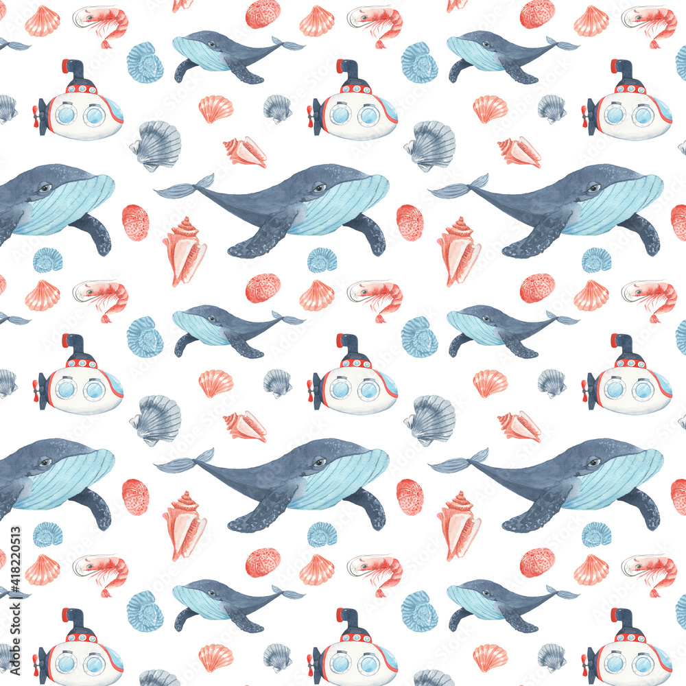 seamless pattern with blue whale submarine and shells seamless pattern with blue whale submarine and shells