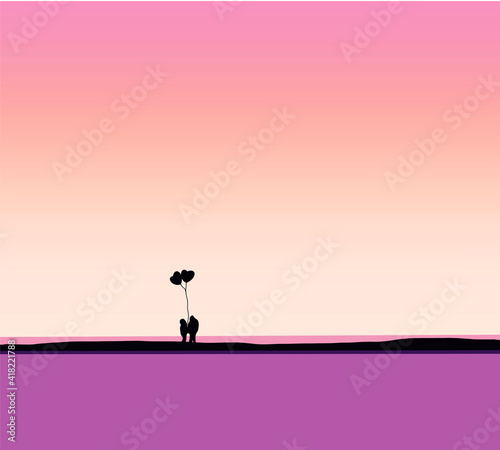 Silhouette couple holding hand with heart shape balloon on the sunset sky and sea background. Beach. Concept. Valentines day.