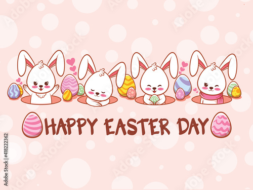 Cute bunny with easter eggs decorated. cartoon character illustration happy easter day concept.