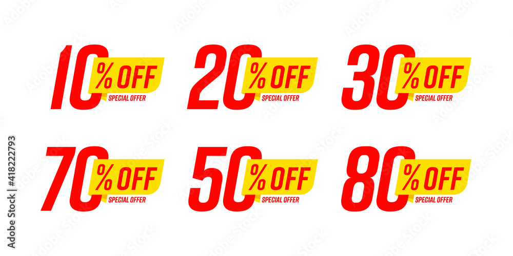 Special offer discount label with different sale percentage. 10, 20, 30, 70, 50 percent off price reduction badge promotion design emblem set vector illustration isolated on white background - obrazy, fototapety, plakaty 