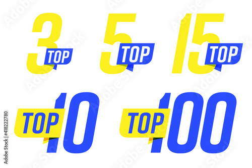 TOP banner set for chart leader rating compilation or category. Three, ten, five and hundred number for list rate champion or winner recognition vector illustration isolated on white background