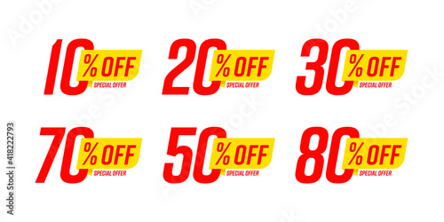 Special offer discount label with different sale percentage. 10, 20, 30, 70, 50 percent off price reduction badge promotion design emblem set vector illustration isolated on white background