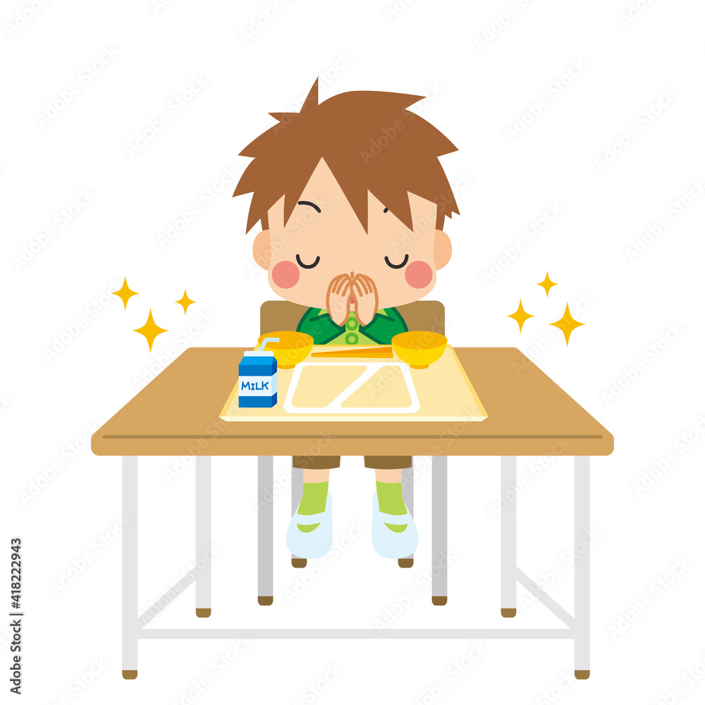 給食を残さず食べて礼儀正しくご馳走様の挨拶をする可愛い小学生の男の子のイラスト 白背景 Stock ベクター Adobe Stock