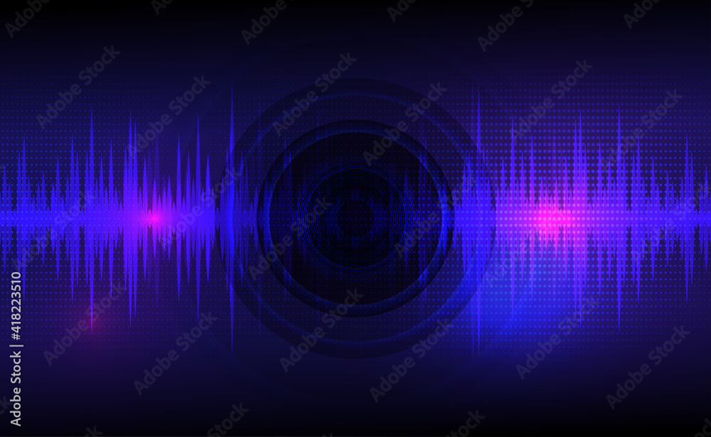 Obraz premium Sound waves oscillating dark blue and light pink with circle vibration, dot pattern. Abstract technology background. Vector illustration.