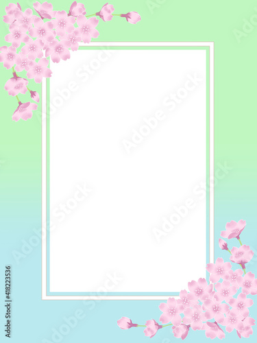 四角フレーム－パステルグリーンと水色のグラデーションの背景－桜のあしらい