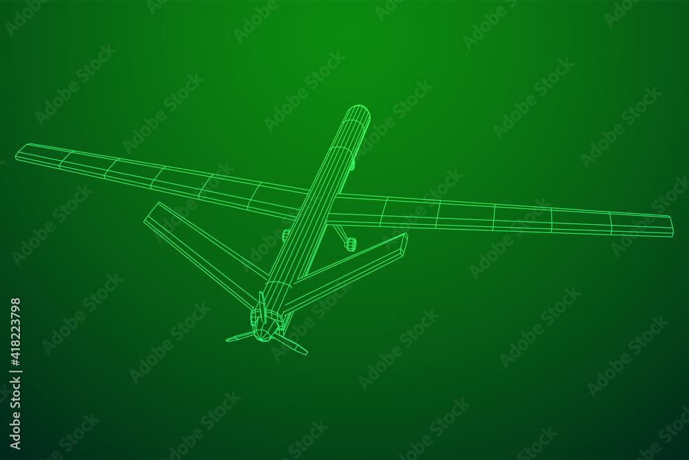 Military drone combat unmanned aerial vehicle. Recon aircraft plane. Wireframe low poly mesh vector illustration. Military drone combat unmanned aerial vehicle. Recon aircraft plane. Wireframe low poly mesh vector illustration.