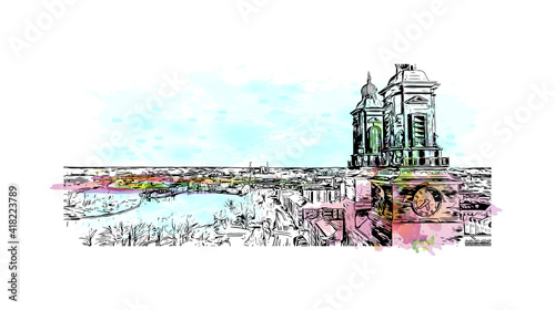 Building view with landmark of Eskilstuna is the
city in Sweden. Watercolour splash with hand drawn sketch illustration in vector. photo