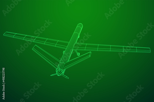 Military drone combat unmanned aerial vehicle. Recon aircraft plane. Wireframe low poly mesh vector illustration.