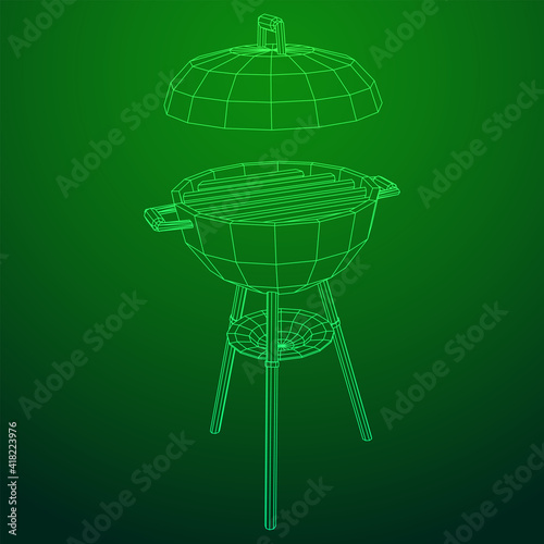 Round barbecue grill. Outdoor bbq party. Wireframe low poly mesh vector illustration