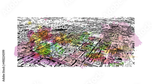 Building view with landmark of Eskilstuna is the
city in Sweden. Watercolour splash with hand drawn sketch illustration in vector. photo