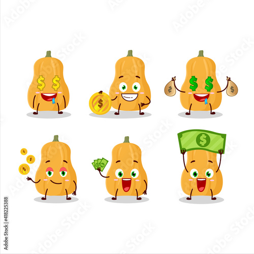 Fototapeta Naklejka Na Ścianę i Meble -  Butternut squash cartoon character with cute emoticon bring money