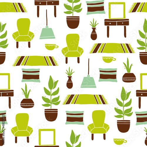 Seamless pattern of living room furniture elements, sofa, chair, shelf, houseplants. Simple trendy flat style. Concept of home interior design. Illustration for wallpaper, background, textile design