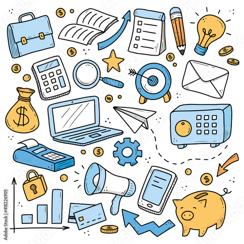 Hand drawn set of business and finance elements, coin, calculator, piggy, money. Comic doodle sketch style. Business element drawn by digital brush-pen. Vector illustration for icon, background, logo