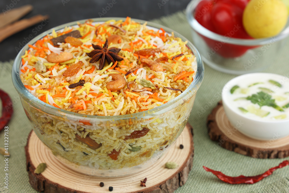 Vegetable biryani biriyani , Hyderabadi Shahi Pulao and raita Pilaf