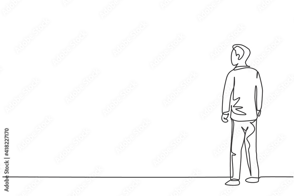 Single continuous line drawing of young male business manager standing back looking for hope. Professional businessman. Minimalism concept dynamic one line draw graphic design vector illustration Single continuous line drawing of young male business manager standing back looking for hope. Professional businessman. Minimalism concept dynamic one line draw graphic design vector illustration