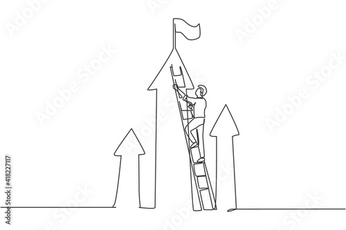 Continuous one line drawing young male worker climbing stairs up to reach business goal target. Success business manager minimalist concept. Trendy single line draw design vector graphic illustration