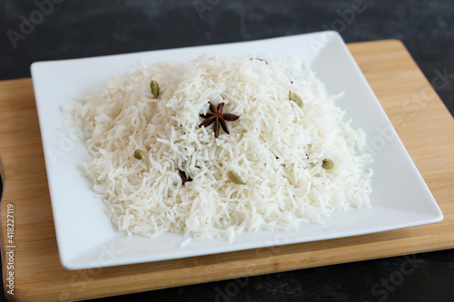 Boiled Basmati rice cooked with Indian spices  boiled white rice for biryani biriyani ,  Hyderabadi Shahi Pulao , Pilaf dish Kerala India Sri Lanka Pakistan. Ghee rice, Lemon rice photo