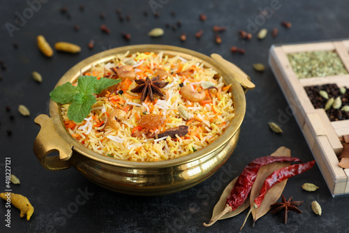 Obraz na płótnie Vegetable biryani biriyani ,  Hyderabadi Shahi Pulao and raita Pilaf Basmati rice dish Indian spices Kerala India Sri Lanka Pakistan