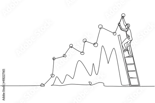 Leinwand Poster Single continuous line drawing of young business man climbing stair to sign increase market chart