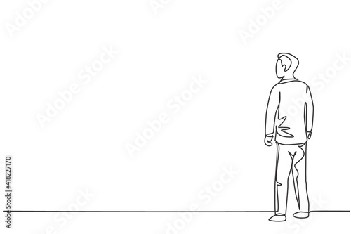 Single continuous line drawing of young male business manager standing back looking for hope. Professional businessman. Minimalism concept dynamic one line draw graphic design vector illustration